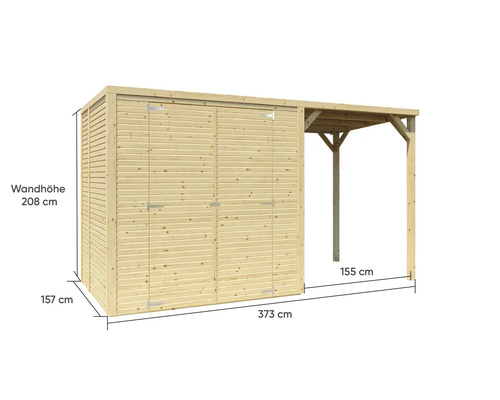 Abri de jardin en bois avec double porte et extension latérale, dimensions 373 x 157 x 208 centimètres