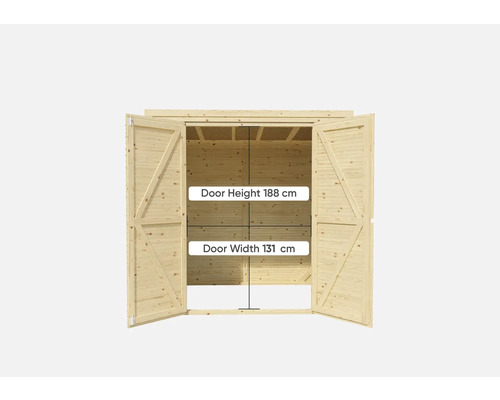 Gartenschrank mit geöffneten Doppeltüren, Türhöhe 188 Zentimeter, Türbreite 131 Zentimeter