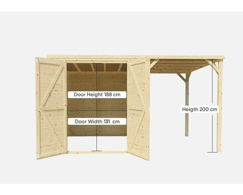 Abri de jardin en bois avec portes doubles ouvertes, hauteur de porte 188 cm, largeur de porte 131 cm, hauteur 200 cm