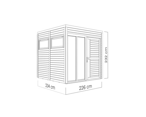 Illustration d''un abri de jardin avec fenêtres, porte et dimensions de 234 x 226 x 232 centimètres.