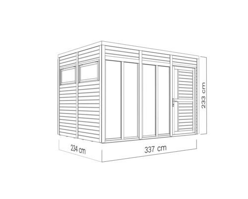 Dessin d''un abri de jardin mesurant 234 sur 337 sur 233 centimètres