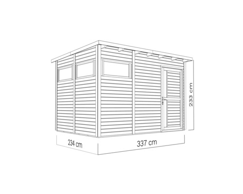 Illustration d''un abri de jardin mesurant 234 x 337 x 233 centimètres.