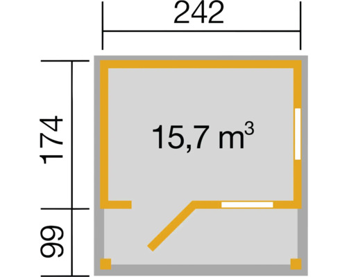 Grundriss mit Abmessungen und Volumenangabe