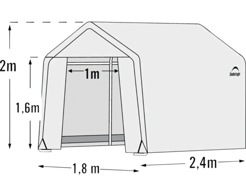 Abbildung einer ShelterLogic Gerätehaus-Konstruktion mit Größenangaben