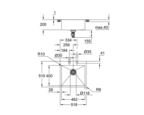 Dessin technique d''un évier avec dimensions