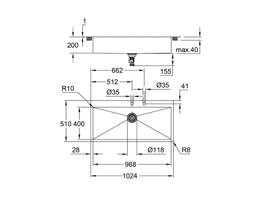 Schéma technique d''un évier avec dimensions