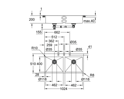 Schéma coté d''un évier double avec dimensions