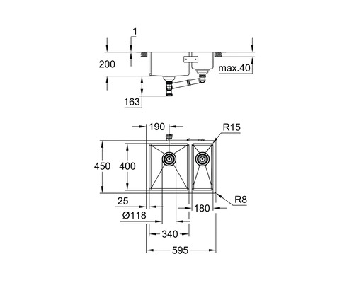 Schéma d''un évier double avec dimensions
