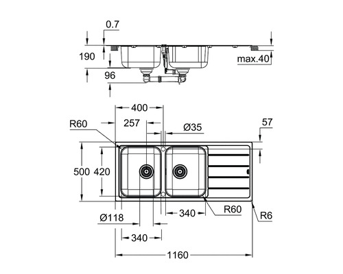 Schéma technique d''un évier avec dimensions