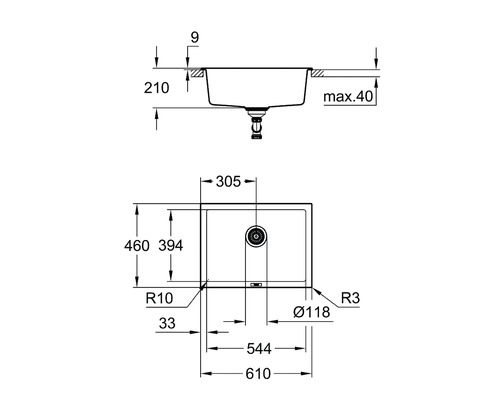 Schéma technique d''un évier avec dimensions