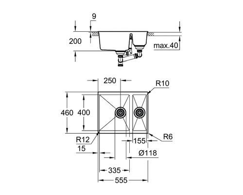 Dessin technique d''un évier de cuisine à double bac avec indications de dimensions