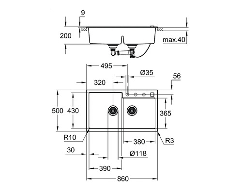 Schéma technique d''un évier double avec dimensions