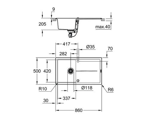 Schéma technique d''un évier avec dimensions
