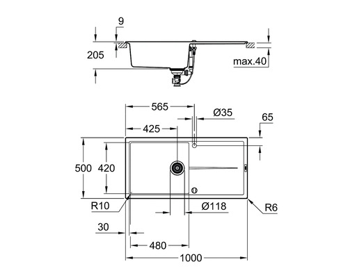 Dessin technique d''un évier avec indications de dimensions