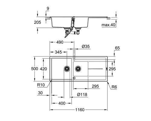 Dessin technique d''un évier avec dimensions
