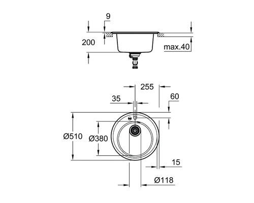 Dessin technique d''un évier rond avec dimensions