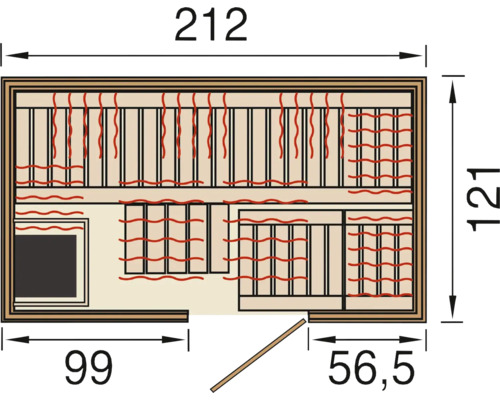 Vue de dessus d''un sauna avec indications de dimension.