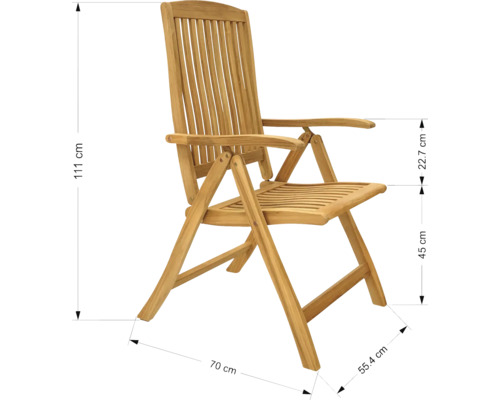 Gartenstuhl aus Teakholz mit Armlehnen und Abmessungen