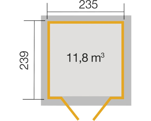 Grundrisszeichnung mit Maßen 235 mal 239 und einem Volumen von 11,8 Kubikmetern