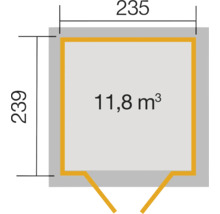 Grundrisszeichnung mit den Maßen 235 mal 239 Zentimeter und einem Volumen von 11,8 Kubikmetern