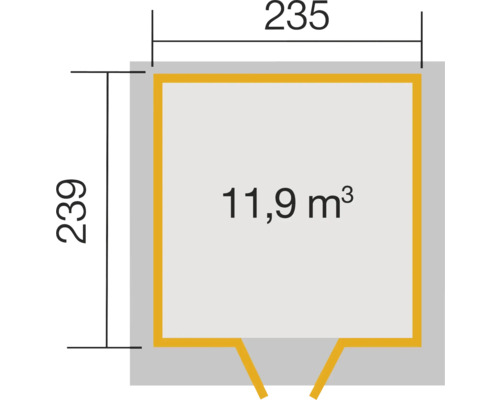 Illustration des dimensions : 235 x 239 avec 11,9 mètres cubes