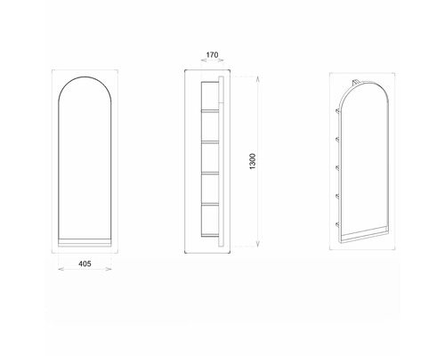 Technische Zeichnung eines schmalen Badezimmerschranks mit Maßen