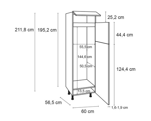 Image d''une armoire avec des portes ouvertes et des indications de taille.