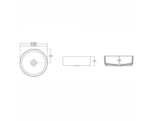 Technische Zeichnung eines runden Aufsatzwaschbeckens mit Maßangaben