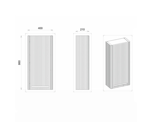 Technische Zeichnung eines Badezimmerschranks mit den Maßen 400 x 210 x 860 mm.