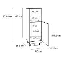Dimensionszeichnung eines Küchenhochschranks mit Tür und Regalböden