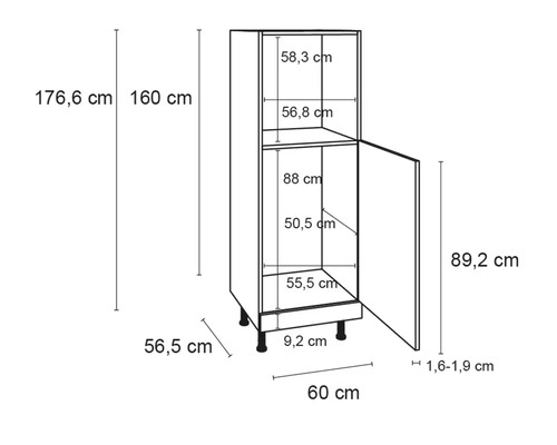 Dimensionszeichnung eines Küchenhochschranks mit Tür und Regalböden