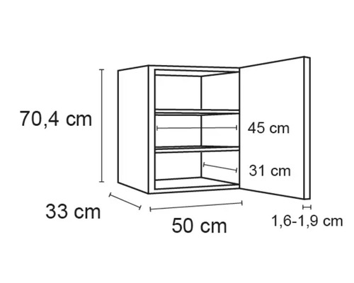 Technische Zeichnung eines Hängeschranks mit den Maßen 70,4 cm Höhe, 33 cm Tiefe und 50 cm Breite.