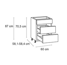 Dessin technique d''un meuble bas de cuisine avec trois tiroirs et indications de dimensions.