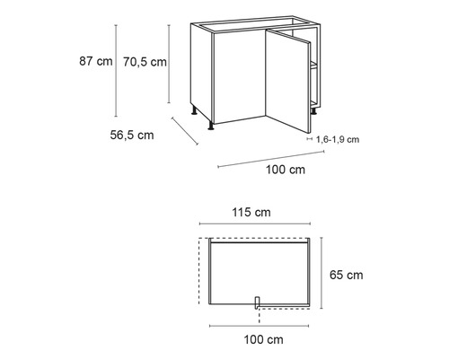 Schéma technique d''un meuble bas d''angle avec dimensions