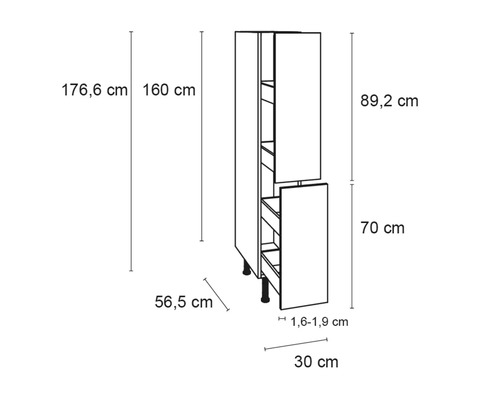 Schéma technique d''un meuble de cuisine avec dimensions