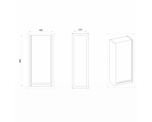 Technische Zeichnung eines Badezimmerschranks mit den Maßen 400 x 860 x 210 Millimeter.