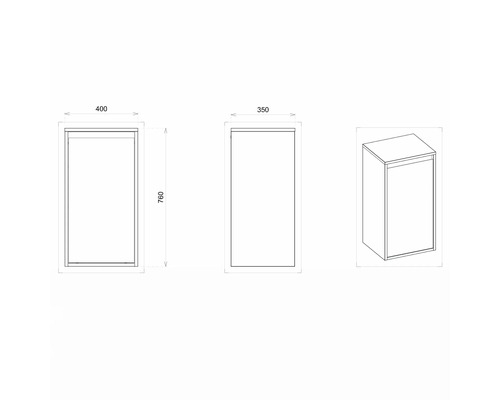 Technische Zeichnung eines Badezimmer Hochschranks mit den Maßen 400 x 350 x 760 mm.