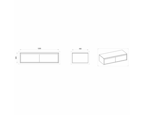 Technische Zeichnung eines Unterschranks mit den Maßen 1200 x 490 x 320 mm.
