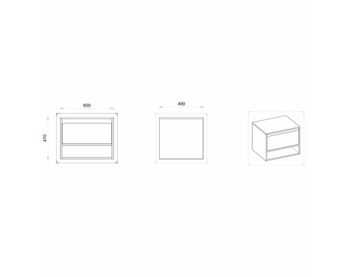 Schéma technique d''un meuble sous-lavabo avec dimensions.