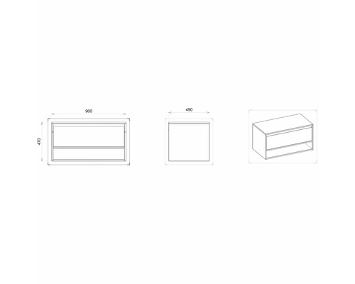 Zeichnung eines Waschtischunterschranks mit Maßangaben.