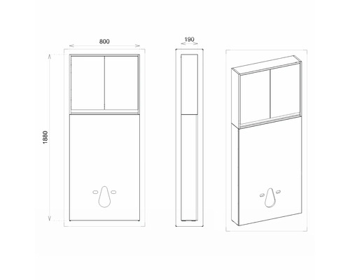 Dessin technique d''un meuble sous-vasque avec des dimensions de 800 x 190 x 1880 millimètres.