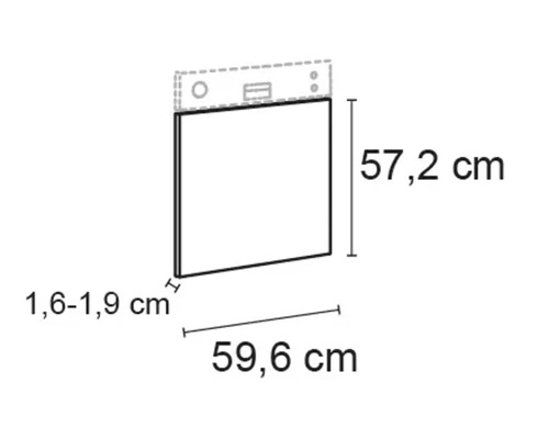 Technische Zeichnung eines Möbelstücks mit Maßangaben: Höhe 57,2 cm, Breite 59,6 cm, Tiefe 1,6 bis 1,9 cm