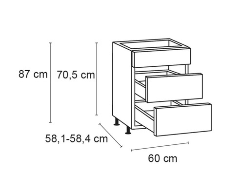 Meuble bas de cuisine avec trois tiroirs, dimensions 87 x 60 x 58,4 centimètres