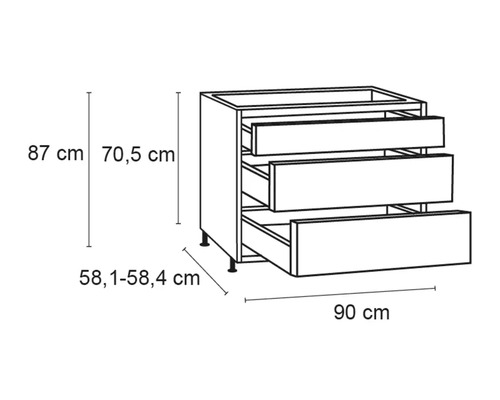 Schéma d''un meuble bas avec trois tiroirs et indications de dimensions