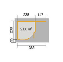 Grundrisszeichnung mit den Massen 385 x 238 x 147 cm und dem Volumen 21,6 Kubikmeter