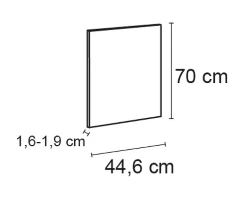 Abbildung eines Schrankeinsatzes mit Maßangaben: 70 cm Höhe, 44,6 cm Breite und 1,6 bis 1,9 cm Dicke.