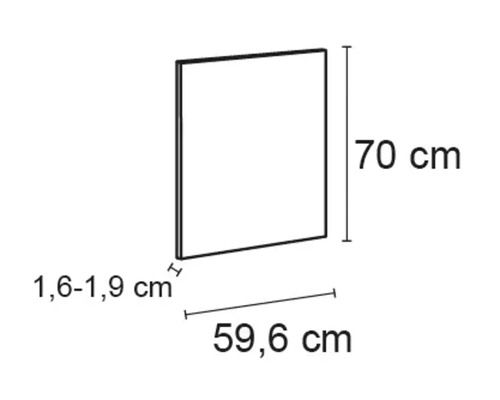 Schéma du produit avec les dimensions suivantes : 70 cm de haut, 59,6 cm de large et 1,6 à 1,9 cm de profondeur
