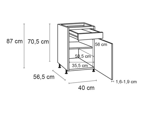 Schéma technique d''un meuble bas avec tiroir et porte, dimensions indiquées
