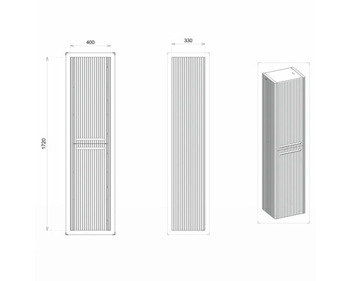 Dessin technique d''une armoire haute de salle de bain avec des dimensions de 400, 330 et 1720 millimètres.