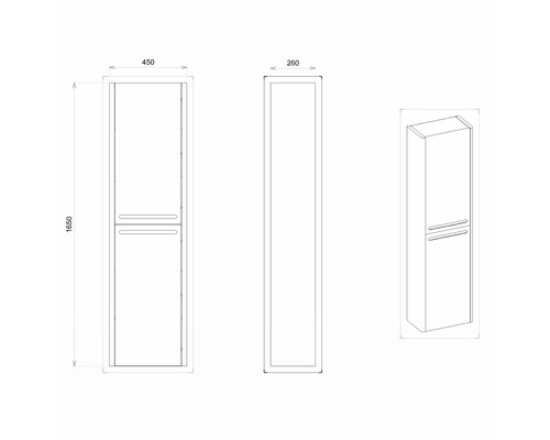 Schéma technique d''une armoire haute avec les dimensions 1650 x 450 x 260 millimètres.